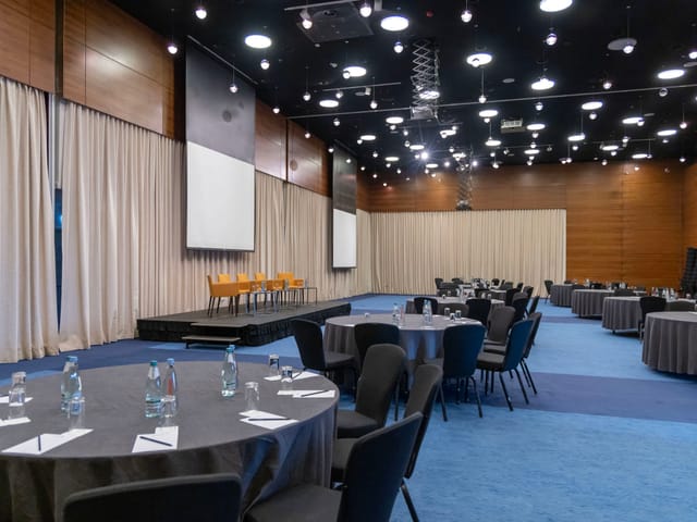 Plenary room at Rooms Hotel Tbilisi with stage and screens for corporate conferences and events.