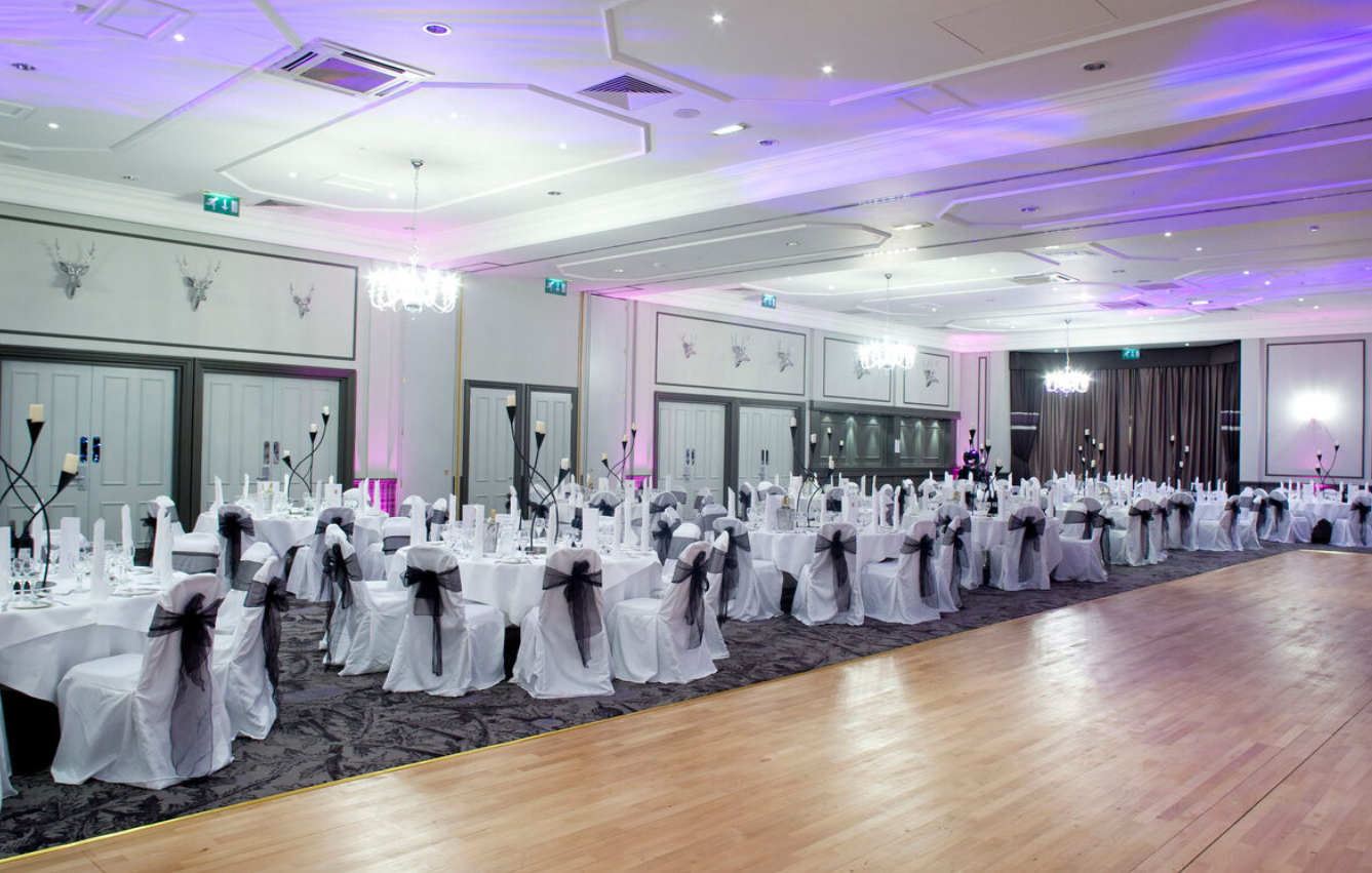 Ardoe House ballroom gala dinner with parquet dance floor and uplighting.