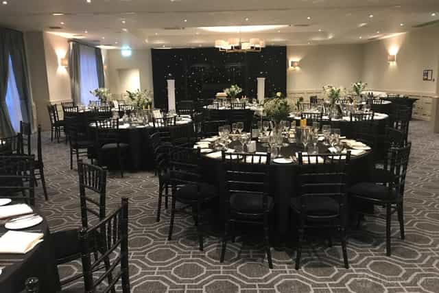 Stephenson Suite gala setup with starry backdrop for corporate events and formal dinners.