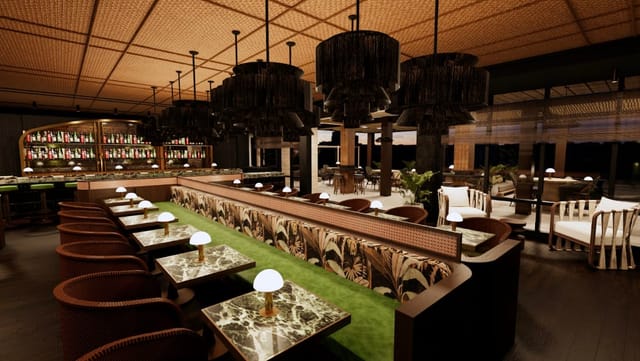 Realm Rooftop Bar lounge with chic lighting, ideal for VIP receptions and corporate mixers.