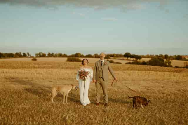 Golden hour wedding portrait with dog at rustic outdoor venue.