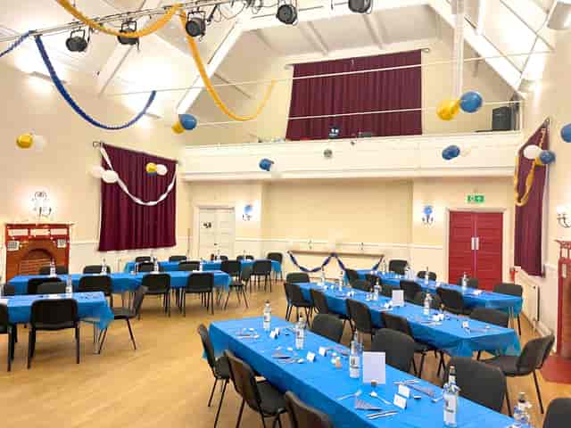 Main Training Room, banquet-style layout for community events and casual corporate gatherings.