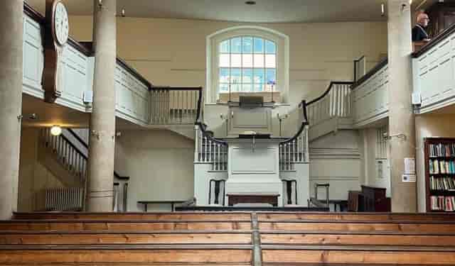 Historic 18th-century chapel interior, John Wesley's New Room for heritage tours and events.