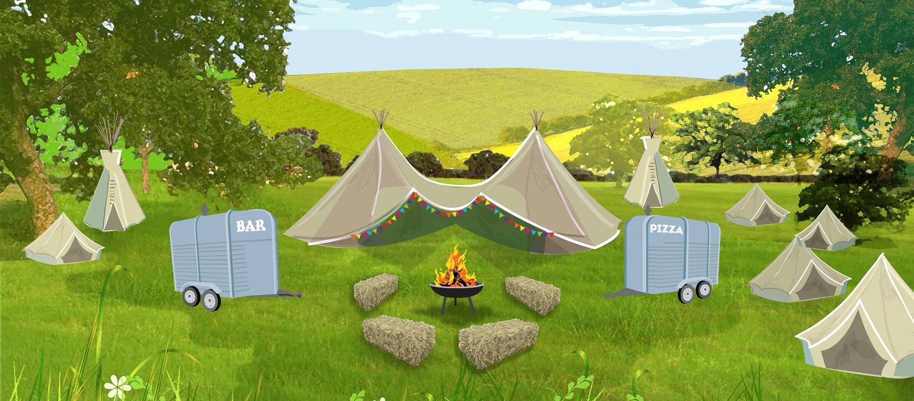 Outdoor incentive event with central fire pit in rustic Sussex field for networking and team building.