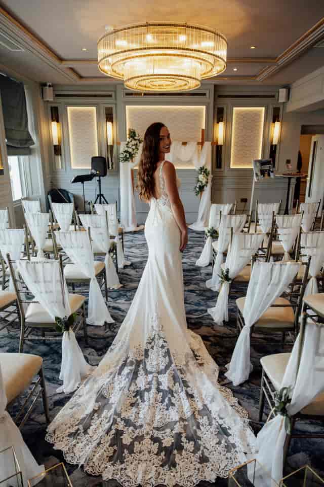 Luxury boutique wedding setup with elegant drapes at The Winston Hall, Dover Marina Hotel.