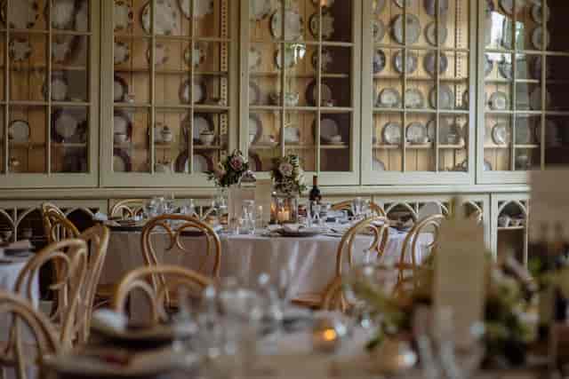 Banking Hall at Aspire Leeds with elegant china display for upscale wedding banquet and event.