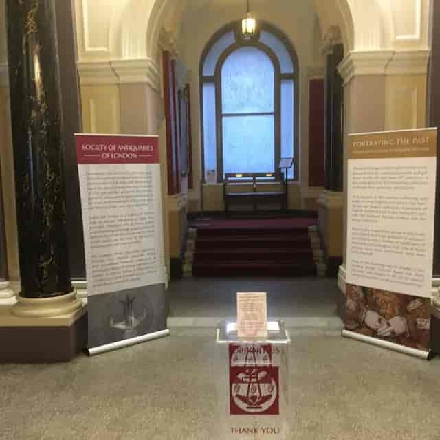 Retractable banner stands in Society of Antiquaries foyer for event wayfinding and exhibition.