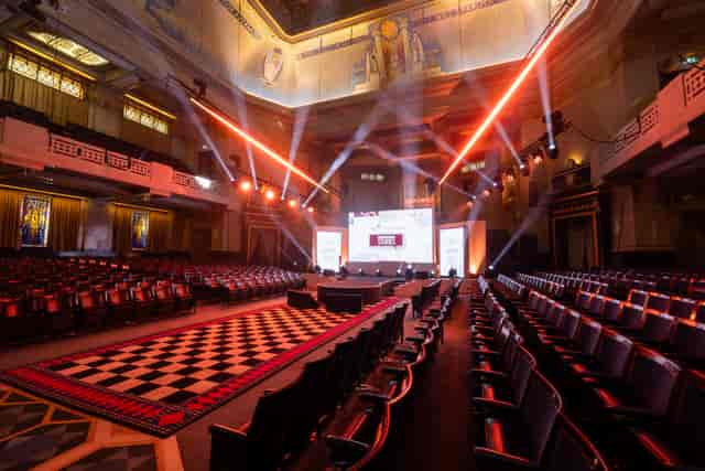 The Grand Temple event space with tiered theater seating for awards or keynote presentations.