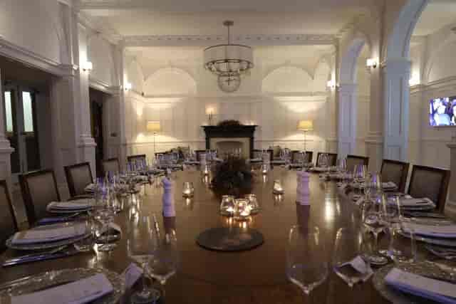 High-end private dining boardroom setup at The Lamp House welcome lounge.