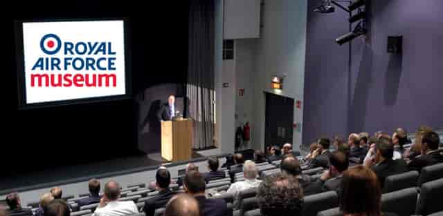 Tiered auditorium at RAF Museum London for corporate presentations and educational events.