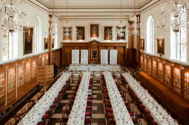 Inner Temple Hall banquet setup for formal gala dinners and academic functions.