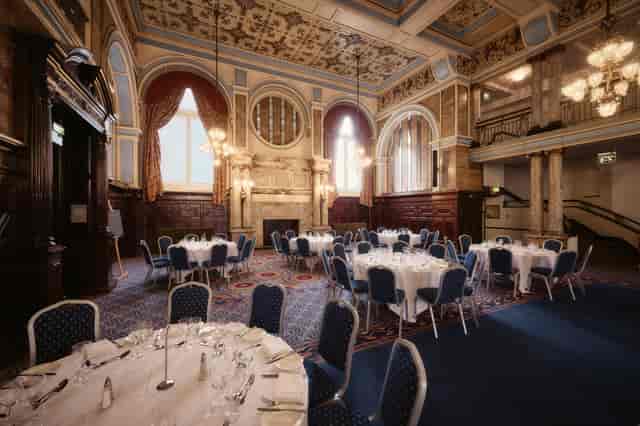 Kings Hall ballroom at The Grand Hotel Leicester, elegant gala dinner venue for corporate events.
