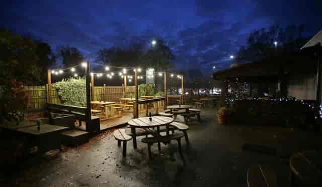 Ludo Bar Cardiff beer garden with bistro lighting for networking events and social mixers.