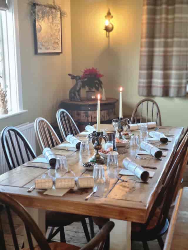 Rustic festive tablescape at Main Restaurant, Lymington for private holiday dining events.