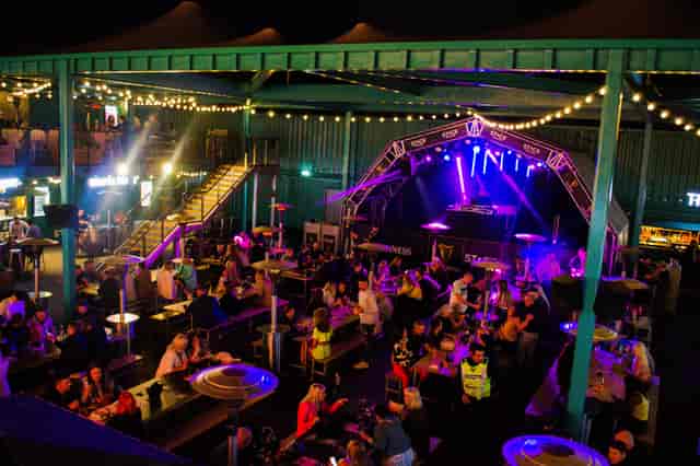Full venue hire at Stack Seaburn: semi-covered outdoor event space with stage for private parties.