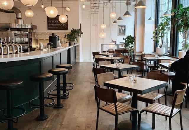 Art Play Shoreditch venue with bistro seating and bar for networking events and team receptions.