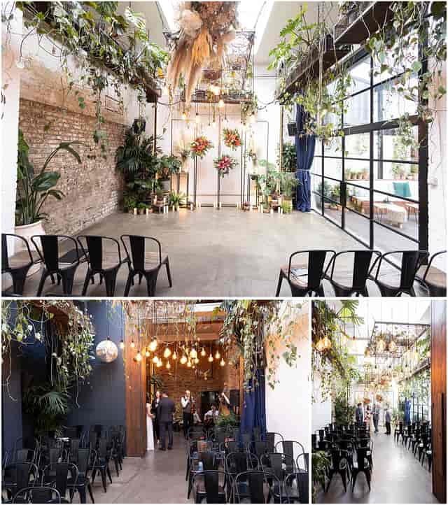 Wren Room event space with industrial brick and Edison lights for micro-weddings or brand launches.