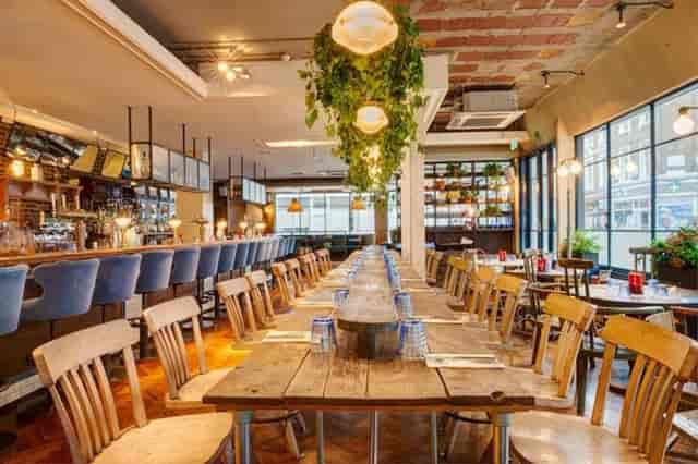 Spacious event space with long wooden table and greenery at Riding House Café Stables