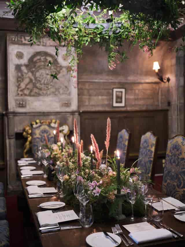 Luxury micro-event dining in The Crypt at Fortnum & Mason featuring elegant floral arrangements.