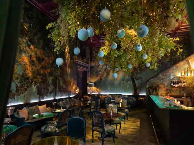Studio reception room with mural lighting and foliage for exclusive evening event venue hire.