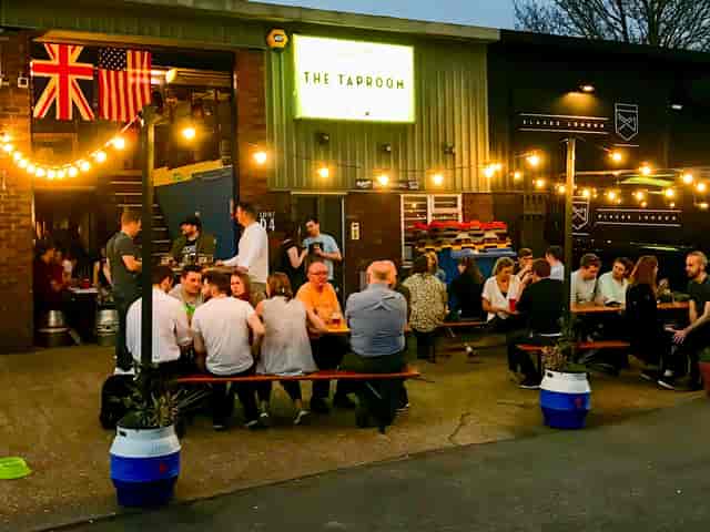 Belleville Brewing Co. outdoor venue with string lights for networking mixers and team building.