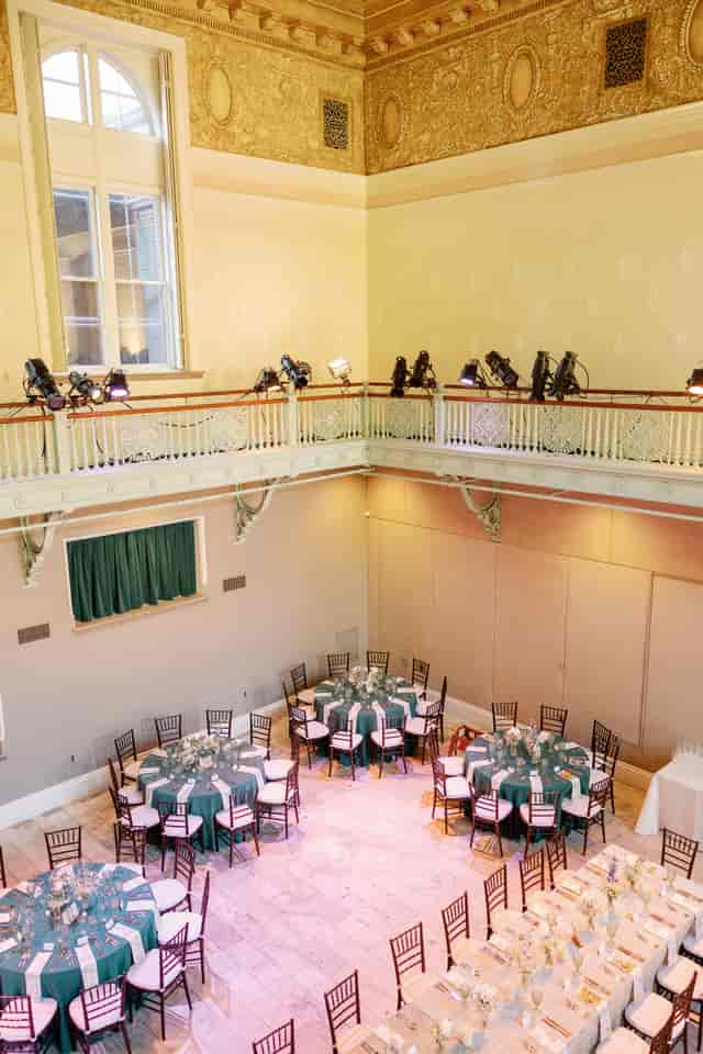 NCI Centre Main Hall heritage banquet venue with mezzanine stage lighting for corporate events.