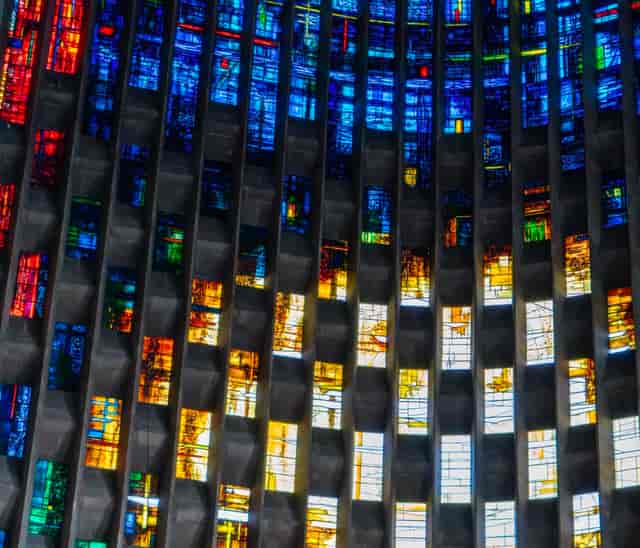 Cathedral View venue with stained-glass lighting for corporate events and weddings.