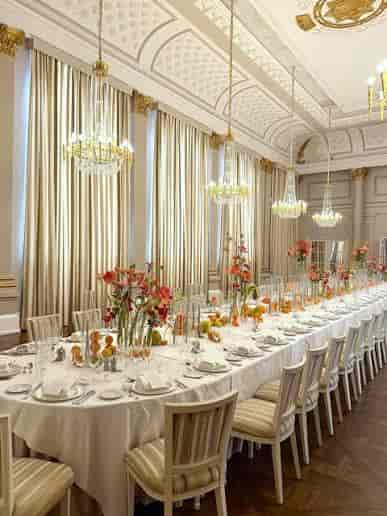 Private Salon at D'Angleterre with crystal chandeliers for VIP banquets and corporate dinners.