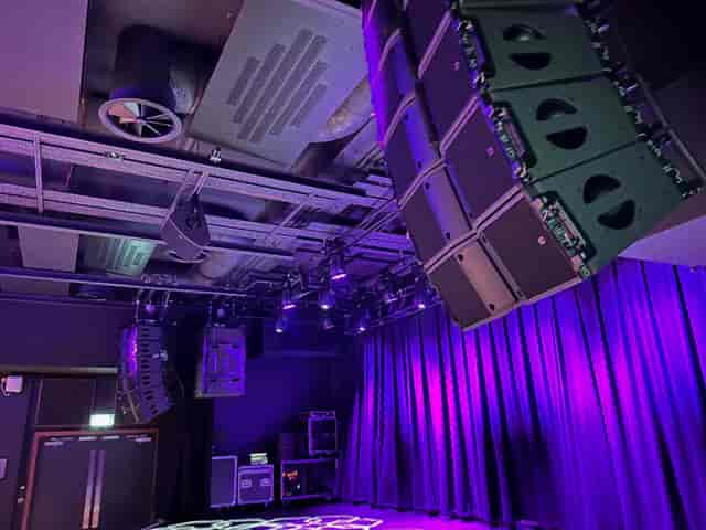O2 Academy2 Islington stage with professional line array speakers and lighting for live music gigs.