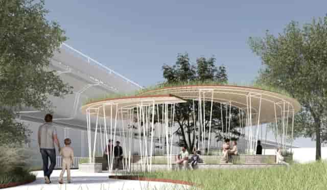 Open-air pavilion at Maxilla Gardens for networking events and brand activations.
