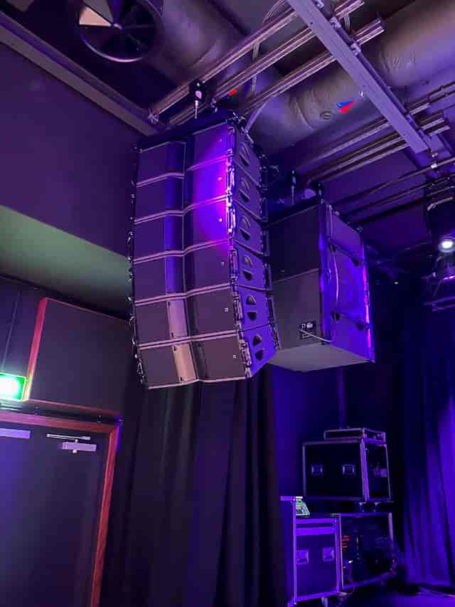 Line array speaker system in O2 Academy Islington main auditorium for live music events.