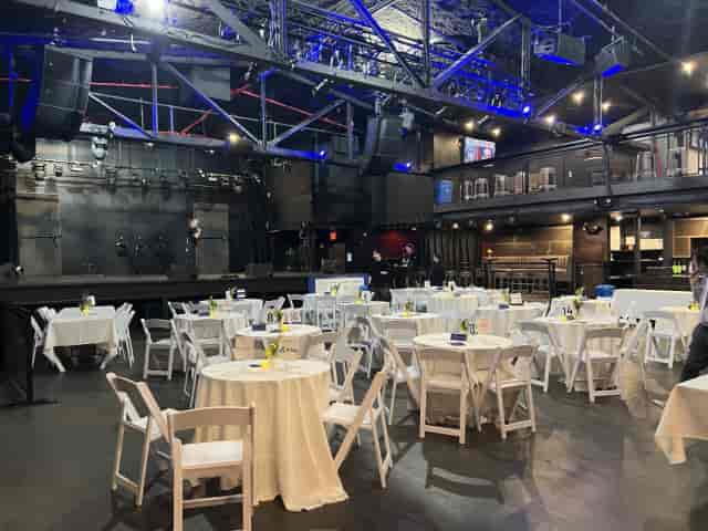O2 Academy Islington main auditorium, banquet setup, ideal for corporate events and gala dinners.