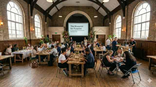 Corporate workshop in historic Front Lounge venue with collaborative banquet table seating.