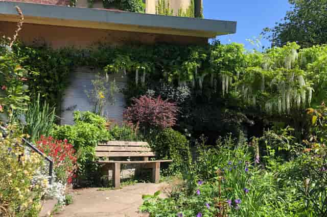 Lush Culpeper Community Garden courtyard for wellness retreats and intimate conference breakouts.