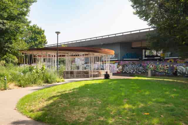 Open-air Maxilla Gardens venue with urban architecture, ideal for pop-up events and creative spaces.