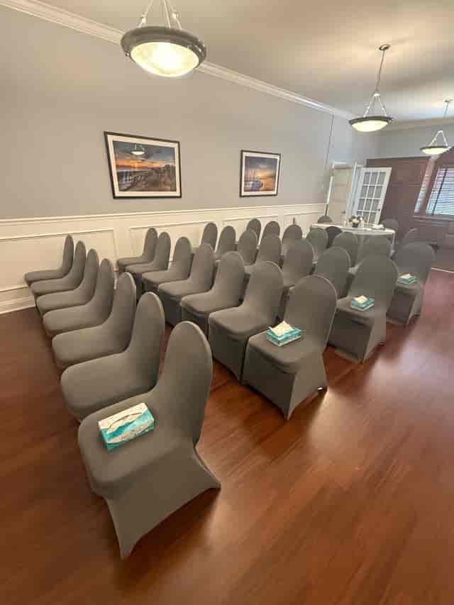 Main Hall theater seating with tissue boxes for funeral or support group events.