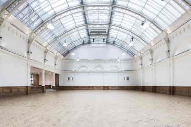 Lindley Hall event space with barrel-vaulted glass roof for conferences and product launches.