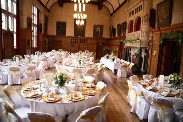 Great Hall at Rochdale Town Hall with banquet seating for historic wedding venue and formal dining.