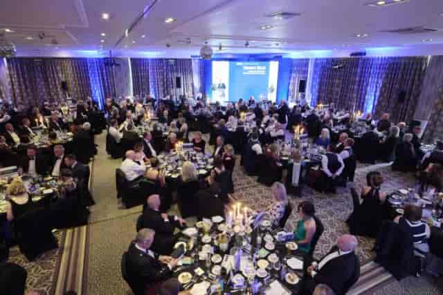 Gala dinner setup in Drumossie Suite with atmospheric lighting for corporate events and weddings.