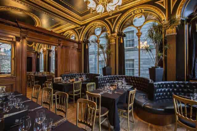 The Voodoo Rooms Ballroom: opulent private dining and corporate networking venue with arched windows.