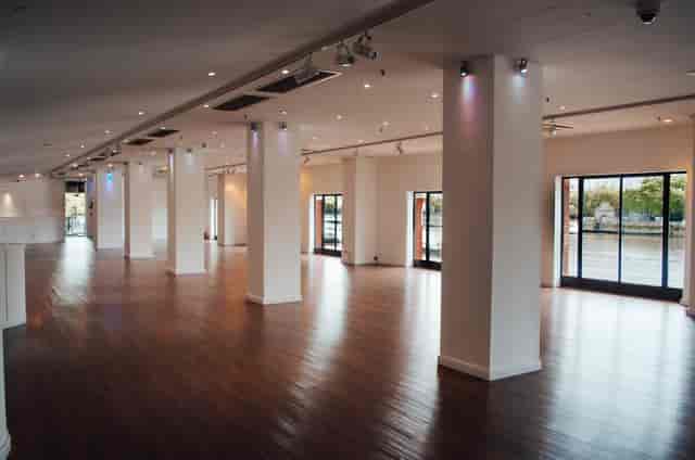 Oxo Gallery event space with hardwood floors, ideal for corporate receptions and exhibitions.