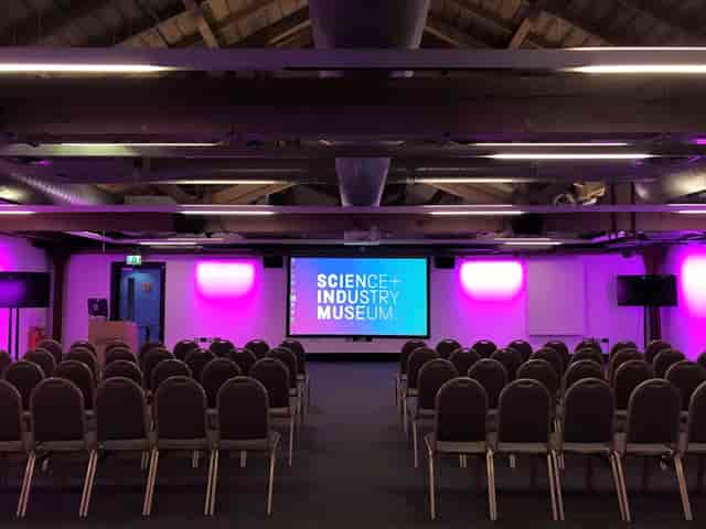 Revolution Manchester Gallery theater conference space with LED lighting for corporate events.
