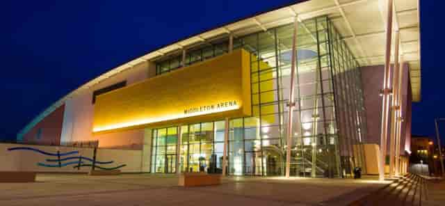 Middleton Arena main auditorium with glass facade, ideal for corporate event registration venues.