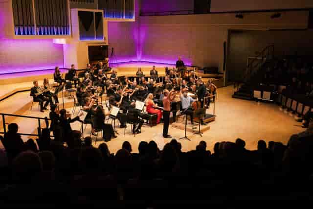 RNCM Theatre concert hall stage with LED lighting for live music events and performances.