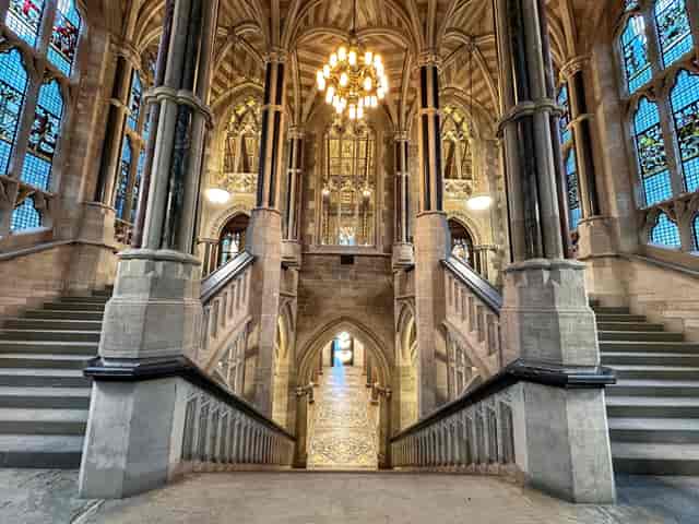 Historic Court Chamber at Rochdale Town Hall with grand double staircase for gala and VIP events.