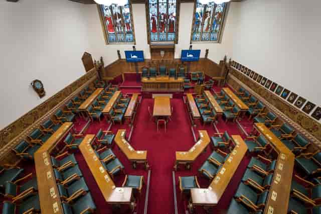 Historic Court Chamber at Rochdale Town Hall: horseshoe seating for board meetings and conferences.
