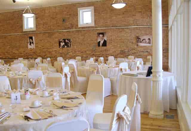 Hurst College dining hall banquet setup with industrial decor for weddings and corporate events.