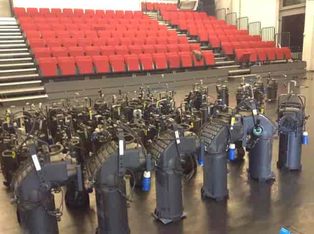 Lighting rig load-in at University of Chichester ShowRoom auditorium for theatre production.