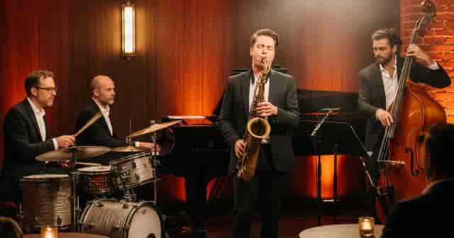 Jazz trio performing at a corporate gala in the Lisboa ao Vivo multipurpose event space.