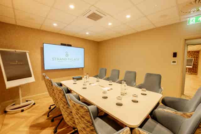 Modern boardroom with AV tech at Strand Palace for professional meetings and corporate events.